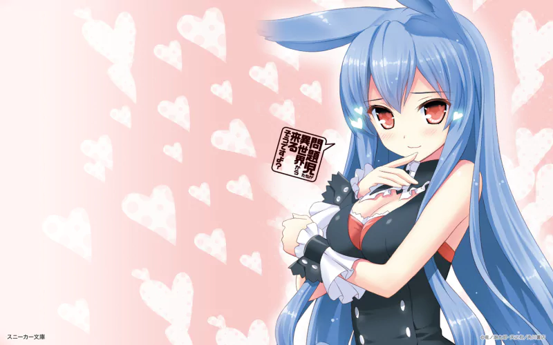 Anime-style illustration of Black Rabbit from Problem Children Are Coming from Another World, Aren't They?, with long blue hair and bunny ears against a pink heart background.