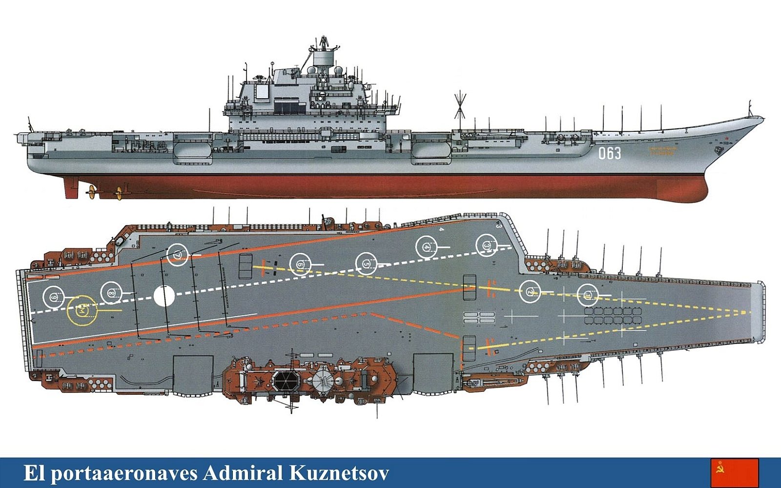 Diagram of the Russian aircraft carrier Admiral Kuznetsov, showing side and top views of the military warship with flight deck markings and structural details.