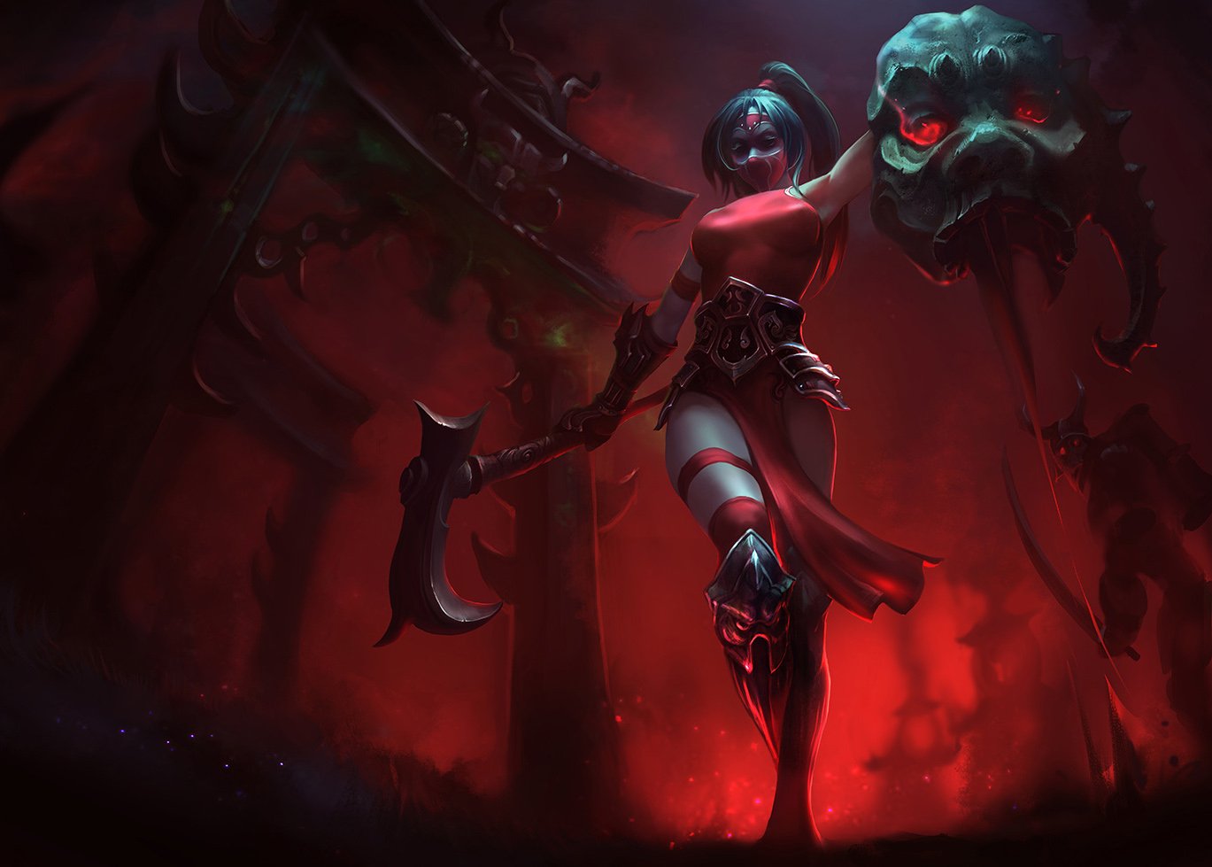 A fierce character, Akali from League of Legends, wields an axe and a skull, set against a dramatic red background, showcasing her powerful presence in the video game.