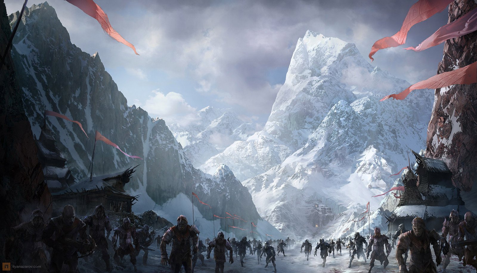Epic battle scene set in snowy mountains from the video game The Lord of the Rings: War in the North, featuring warriors advancing under stormy skies.