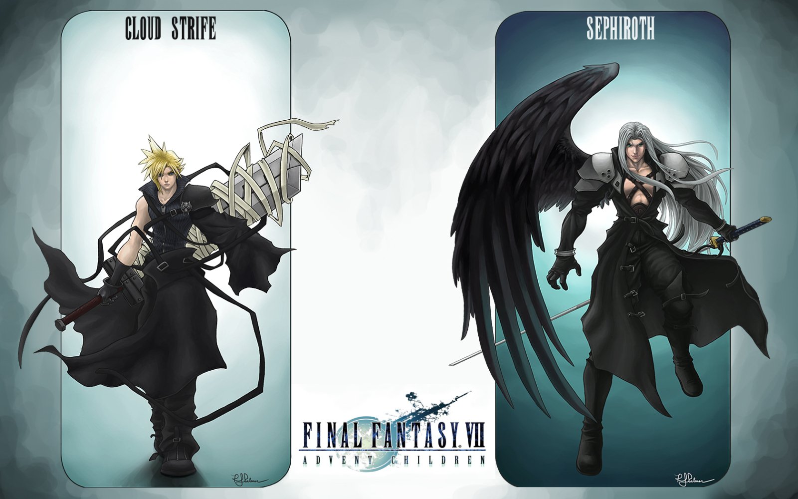 Cloud Strife and Sephiroth from Final Fantasy VII: Advent Children stand ready for battle, showcasing their iconic warrior designs from the classic video game series.
