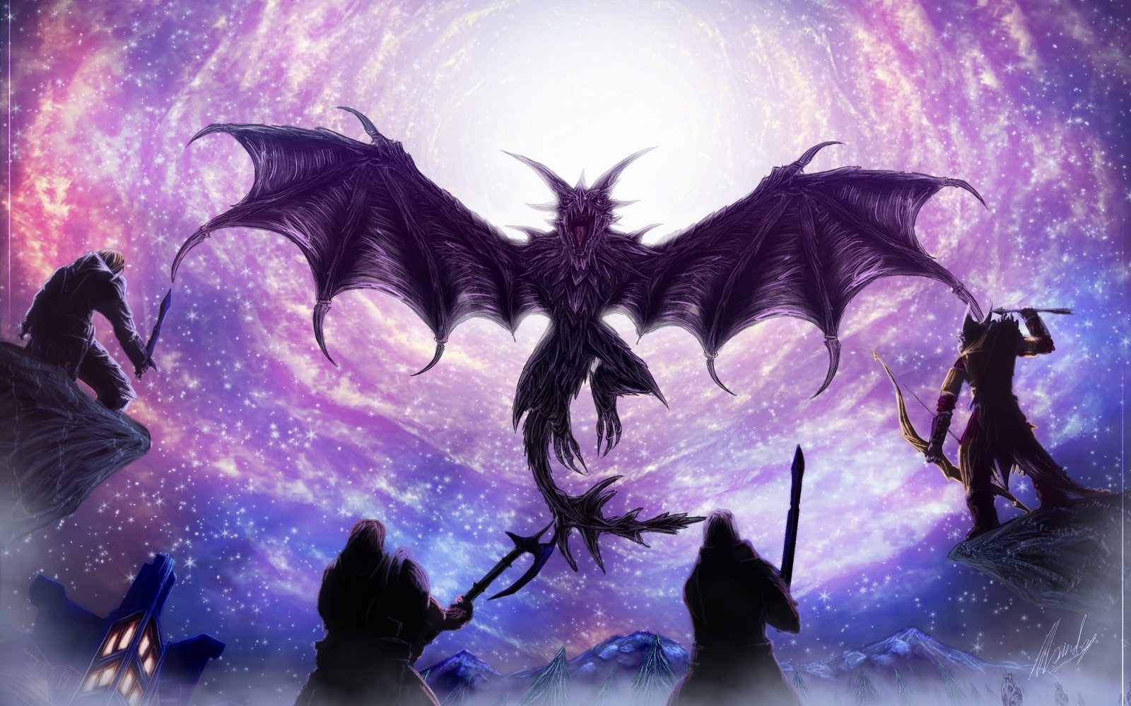 A dramatic scene from The Elder Scrolls V: Skyrim, featuring a fierce dragon surrounded by shadowy figures wielding weapons against a cosmic backdrop.