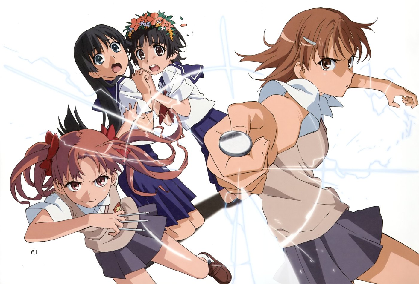 Cute anime characters from A Certain Scientific Railgun, featuring dynamic poses and expressive faces in school uniforms.