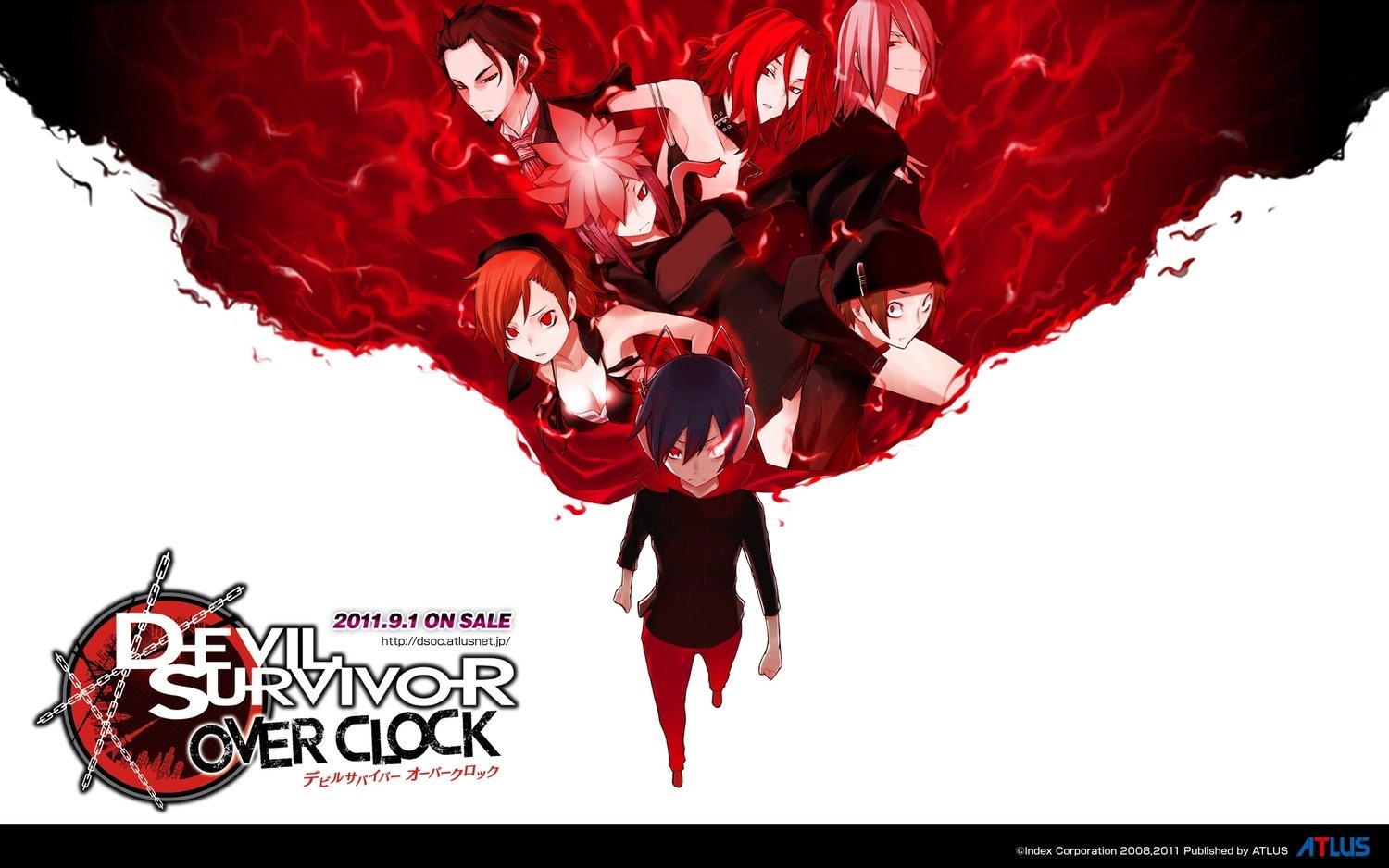 Promotional image for the anime Devil Survivor 2 The Animation featuring the main characters surrounded by a swirling red and black energy background.