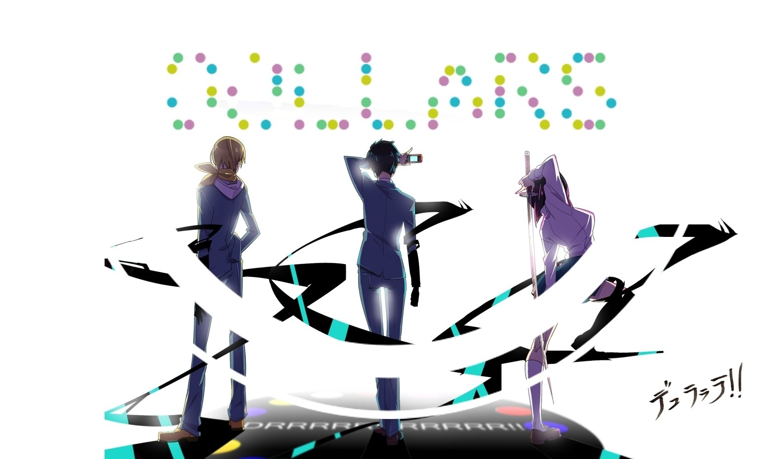 Anime-style image featuring three Durarara!! characters standing with dynamic ribbons and colorful dots forming the word DOLLARS above them.