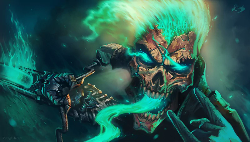 A dark, vibrant illustration featuring a menacing skull with glowing blue eyes, exhaling a bright, ethereal mist, surrounded by an ominous atmosphere.
