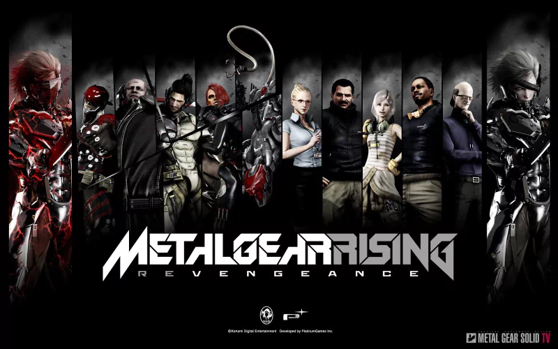 A character lineup from the video game Metal Gear Rising: Revengeance, featuring various protagonists and antagonists in a dynamic, stylized composition against a dark background.