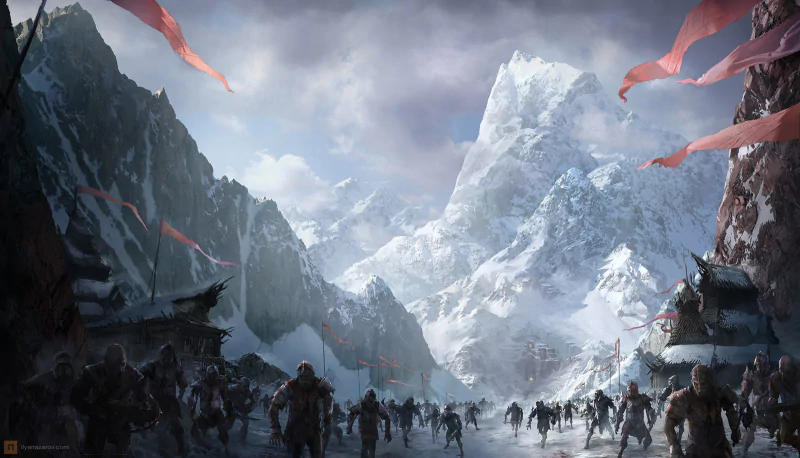 Epic battle scene set in snowy mountains from the video game The Lord of the Rings: War in the North, featuring warriors advancing under stormy skies.