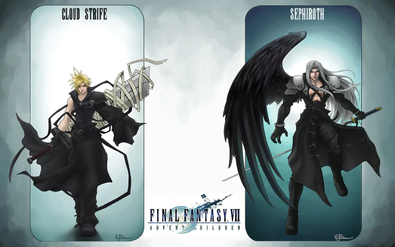 Cloud Strife and Sephiroth from Final Fantasy VII: Advent Children stand ready for battle, showcasing their iconic warrior designs from the classic video game series.