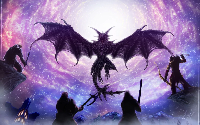 A dramatic scene from The Elder Scrolls V: Skyrim, featuring a fierce dragon surrounded by shadowy figures wielding weapons against a cosmic backdrop.
