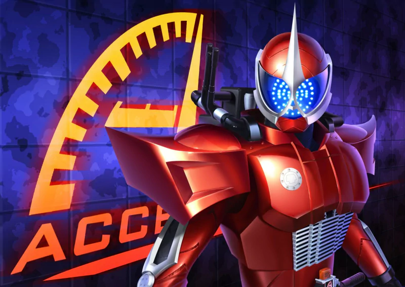 A dynamic character from the TV show Kamen Rider stands prominently, showcasing bright blue accents against a backdrop featuring a speedometer design.