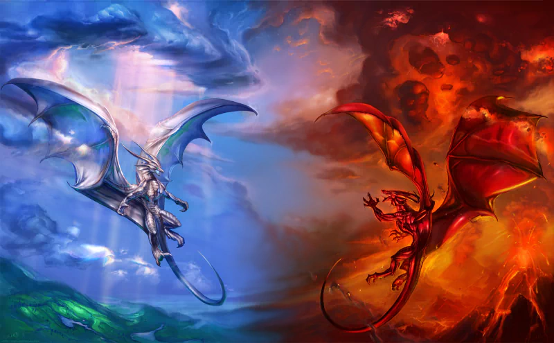 A fantasy scene depicting two dragons, one blue and one red, facing each other amidst swirling elemental skies of water and fire.