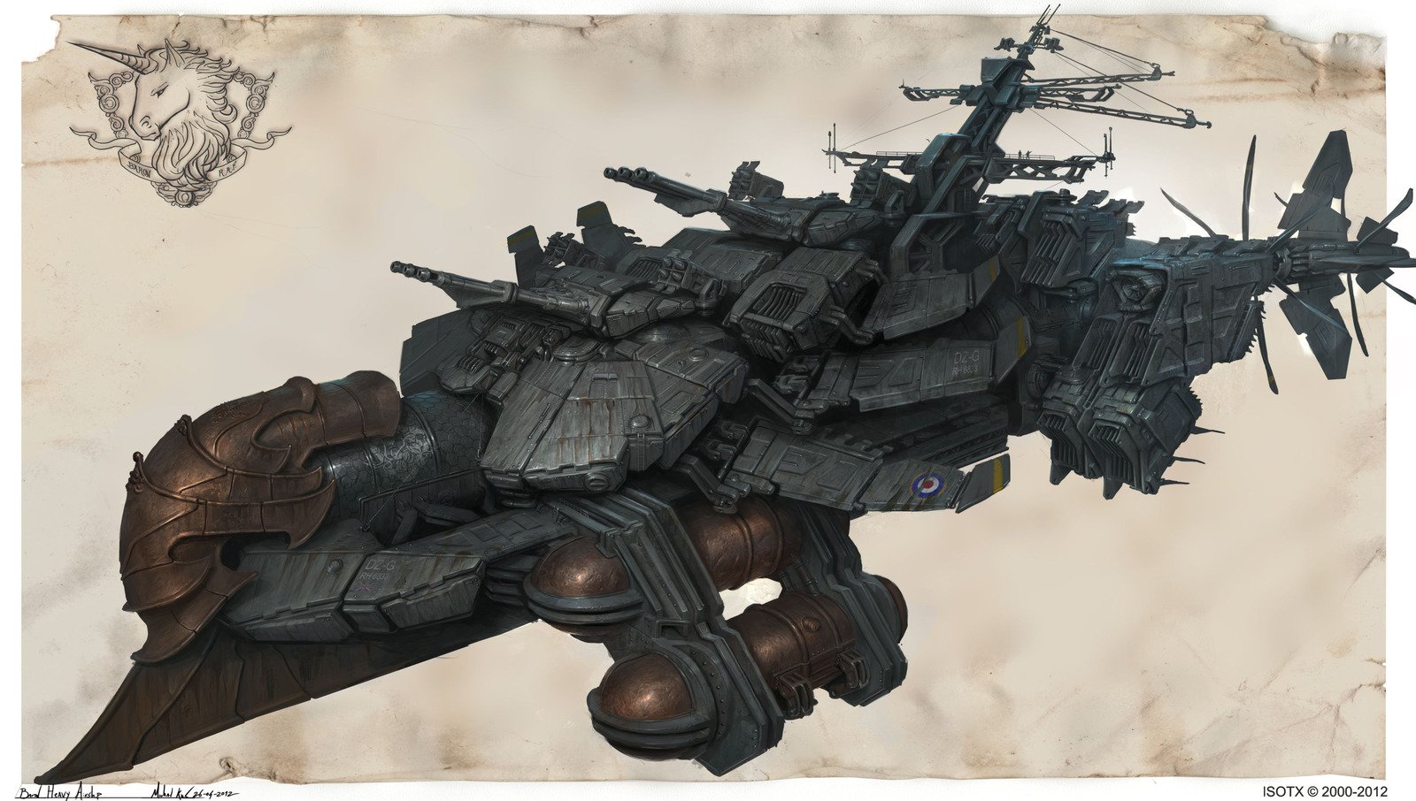 A detailed sci-fi spaceship with a rugged, armored design and multiple weapon turrets set against a parchment-style background.