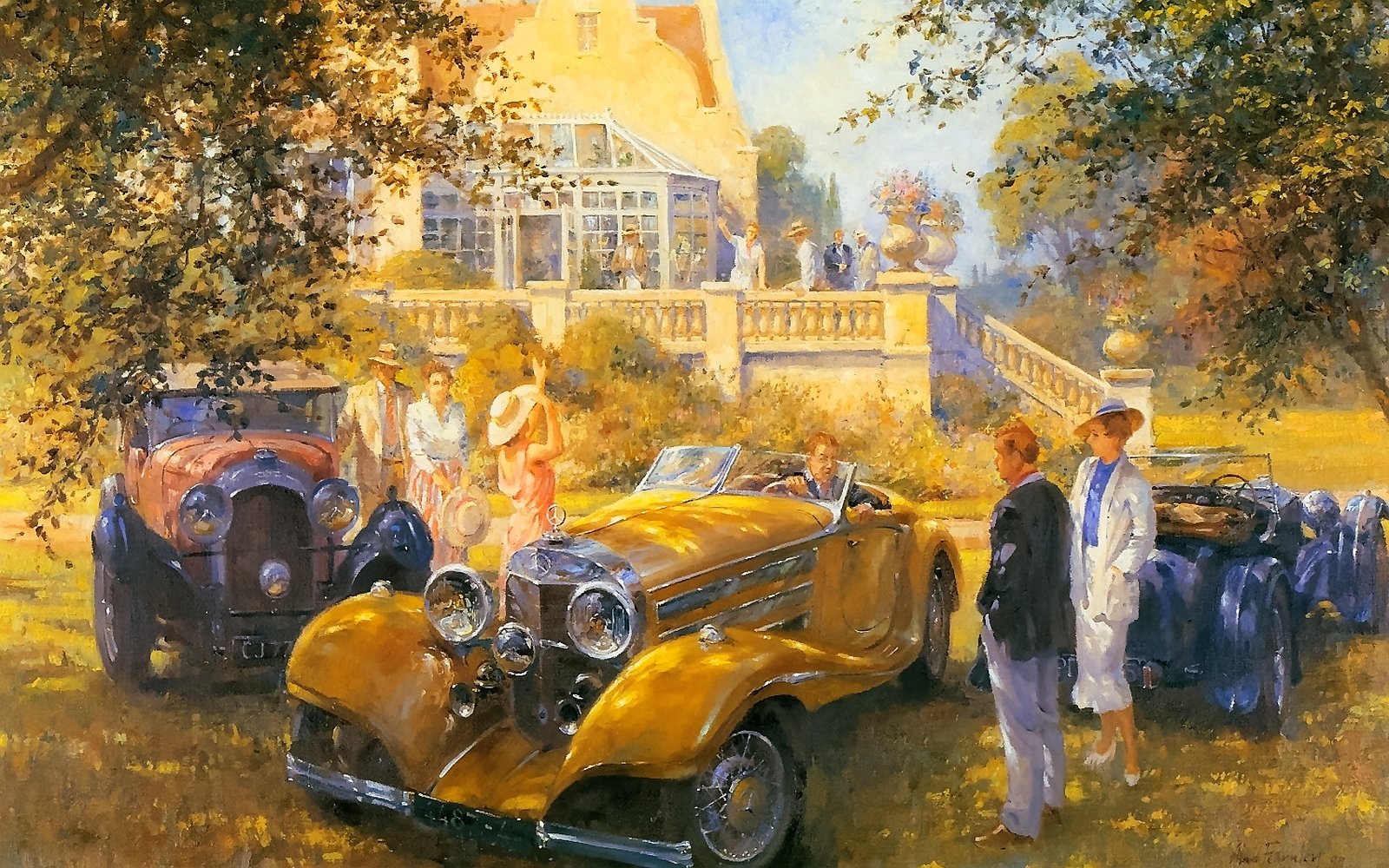 Artistic painting depicting a vintage car gathering in front of a grand estate, with elegantly dressed figures enjoying a sunny day.
