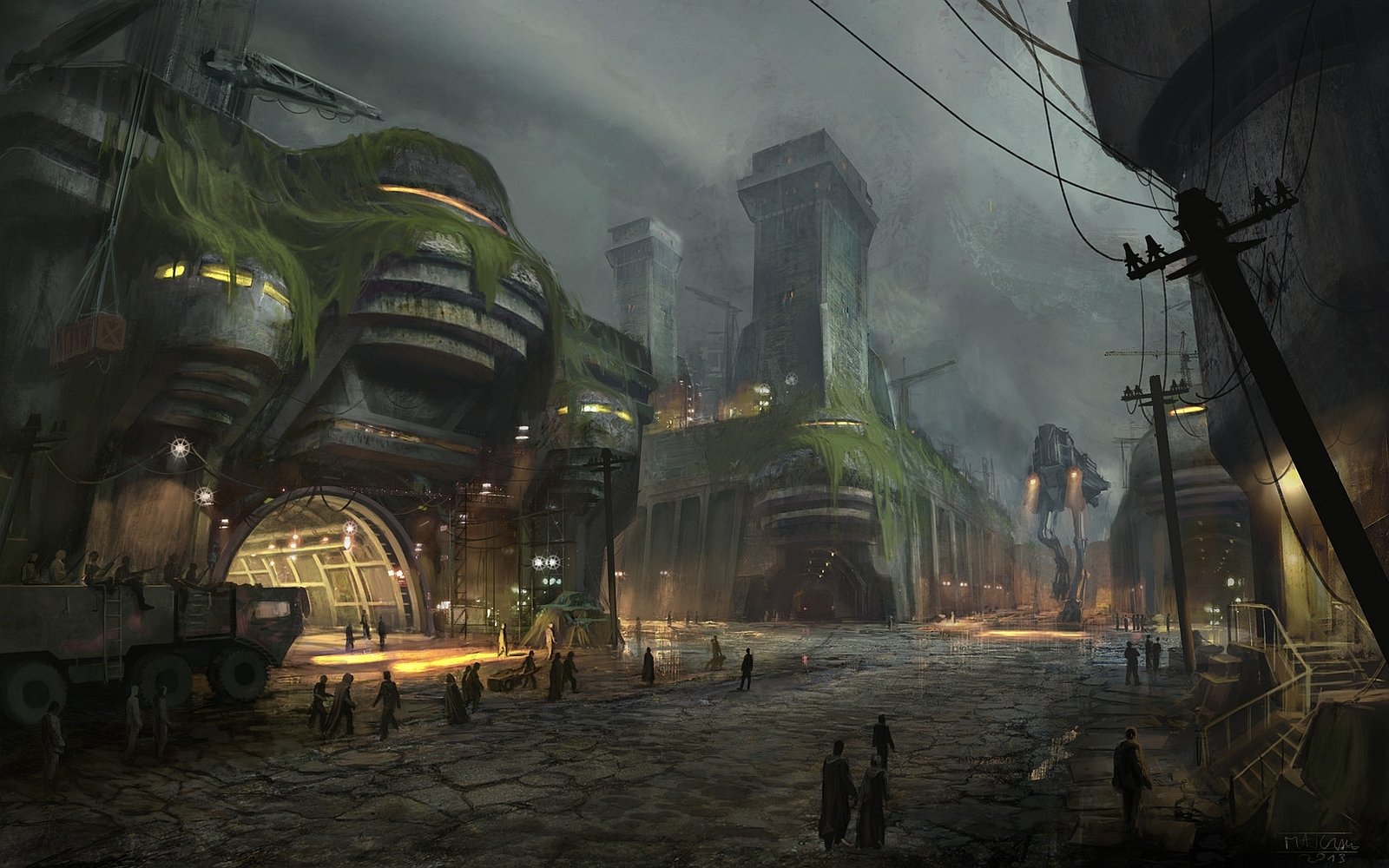 A dark, moody sci-fi cityscape featuring towering industrial buildings, futuristic architecture, and dim street lighting under a cloudy sky.