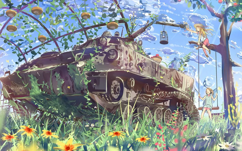 An anime scene showcasing a military tank overgrown with plants, surrounded by vibrant flowers, while a girl swings from a tree under a bright sky.