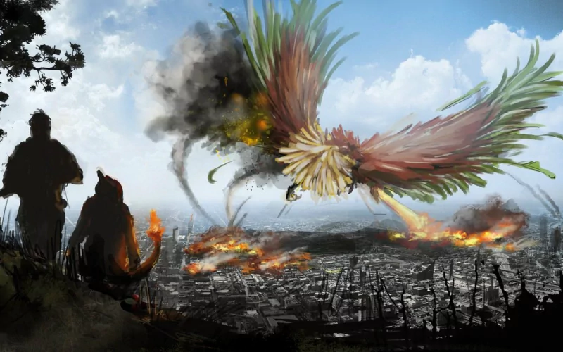 Charmeleon watches as Ho-oh soars above a city in flames, capturing a dramatic moment from the Pokémon video game world.