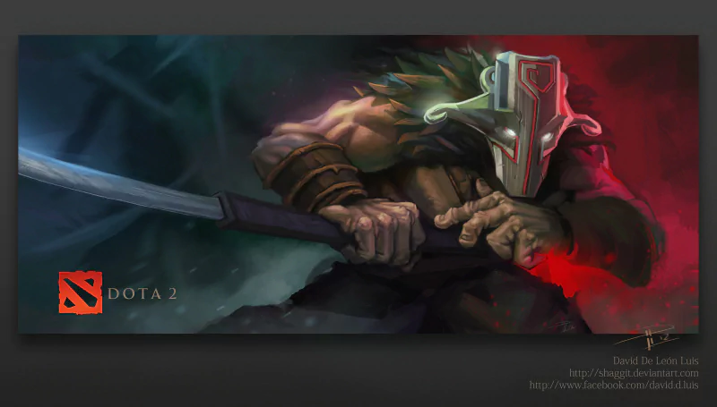 Juggernaut, a fierce masked warrior from the video game DotA 2, wields a sword ready for battle in a dark, dynamic scene.