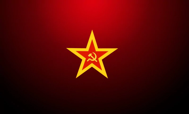 Man-made graphic of a yellow five-pointed star with a hammer and sickle on a deep red gradient background, a centered communist emblem.