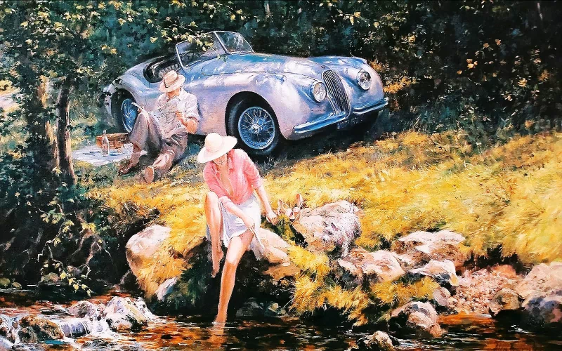 A serene artistic painting depicting a woman by a stream, dipping her toes in the water, with a classic car and a man relaxing nearby amidst lush greenery.