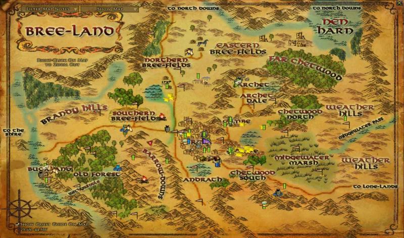 A detailed fantasy map of Bree-Land from The Lord of the Rings, showcasing forests, hills, rivers, and key locations with artistic, old-style cartography.
