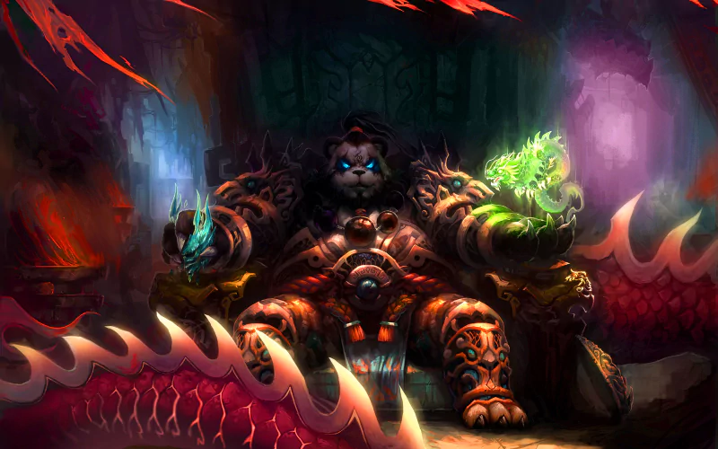 A powerful Pandaren warrior sits on a throne, surrounded by mystical energies, in this vibrant artwork from World of Warcraft, showcasing the game's rich fantasy world.