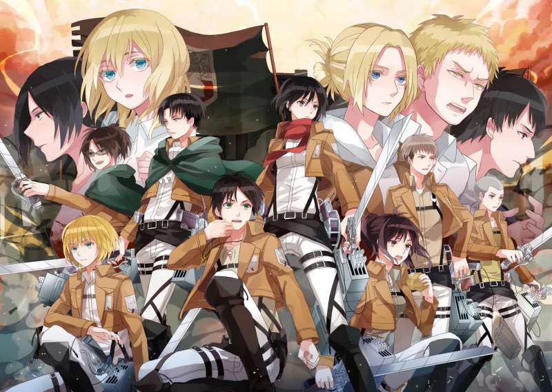 A dynamic anime illustration featuring characters from Attack on Titan, including Hange Zoë, Levi Ackerman, Historia Reiss, and Eren Yeager, poised for action against a dramatic backdrop.