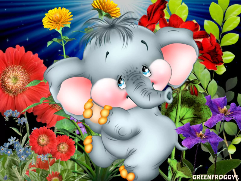 An artistic depiction of a cute elephant surrounded by vibrant, colorful flowers in a lively garden setting.
