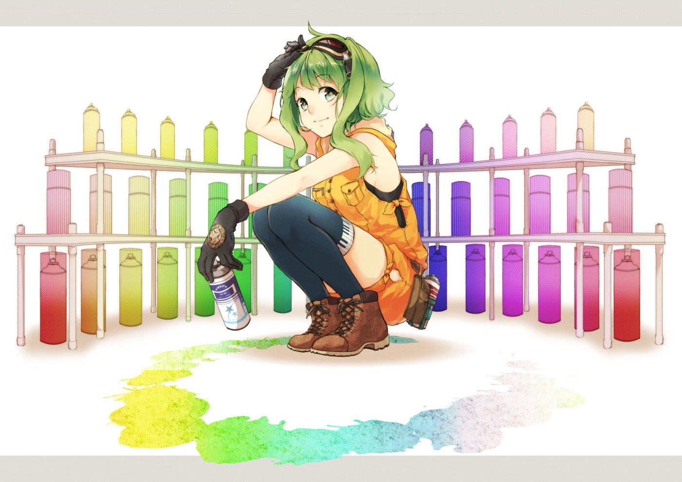 A vibrant anime illustration of GUMI, a Vocaloid character, squatting with a spray can in front of colorful paint cans, showcasing a playful and artistic spirit.