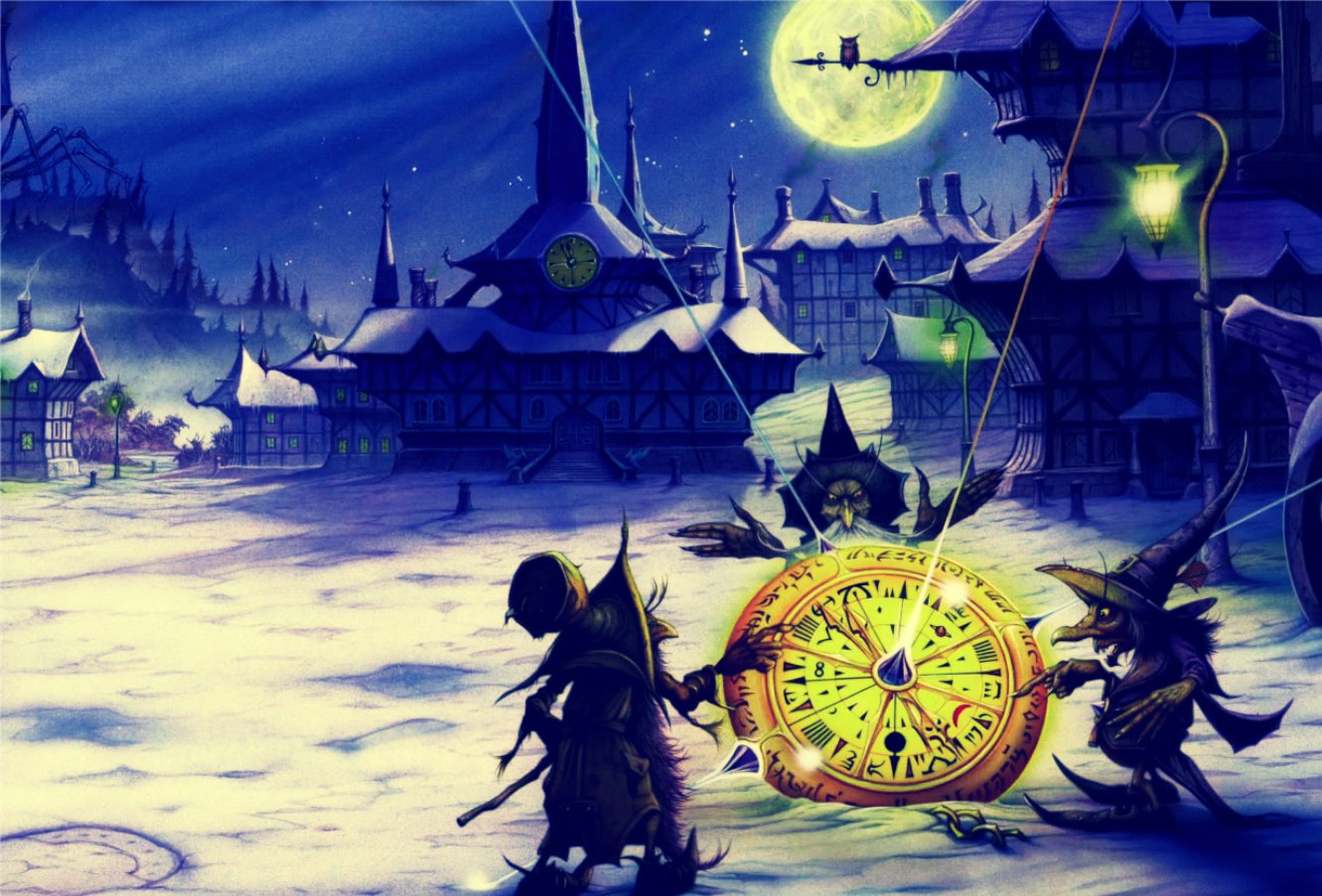A mystical nighttime scene with fantasy characters carrying a glowing clock, evoking the imaginative and theatrical style of Avantasia's music.