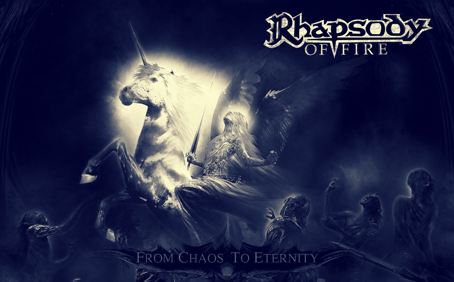 Dark, mystical artwork featuring a knight on a unicorn with glowing light, representing the music album From Chaos To Eternity by Rhapsody Of Fire.