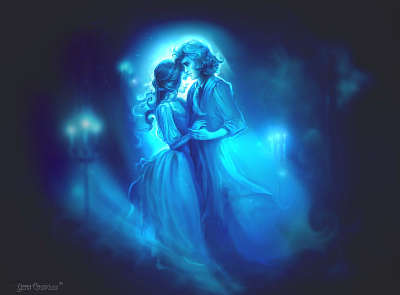 A glowing, ethereal couple embraces tenderly in a dreamlike fantasy setting, enveloped in a soft blue light that radiates love and magic.