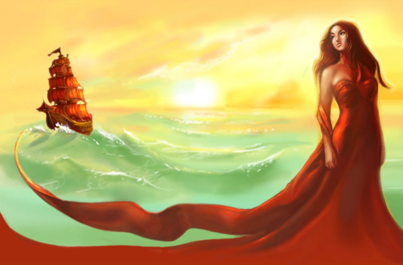 A fantasy scene featuring a woman in a flowing red dress standing by the sea as a ship sails on the glowing horizon at sunset.
