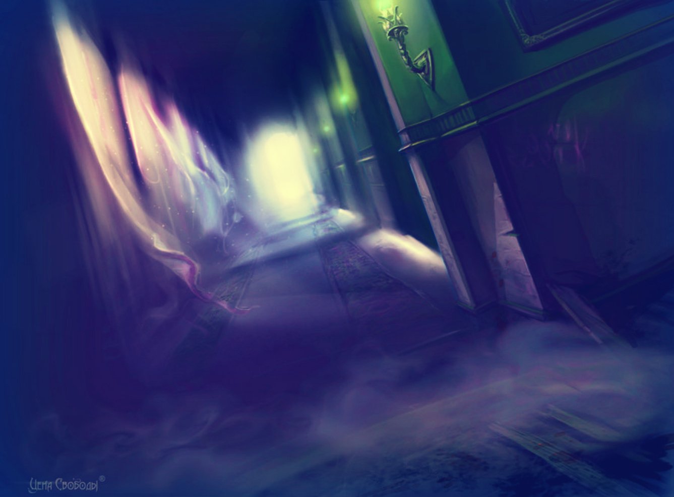 A dark, eerie corridor illuminated by faint light, with blurred walls and floor creating a mysterious, unsettling atmosphere.
