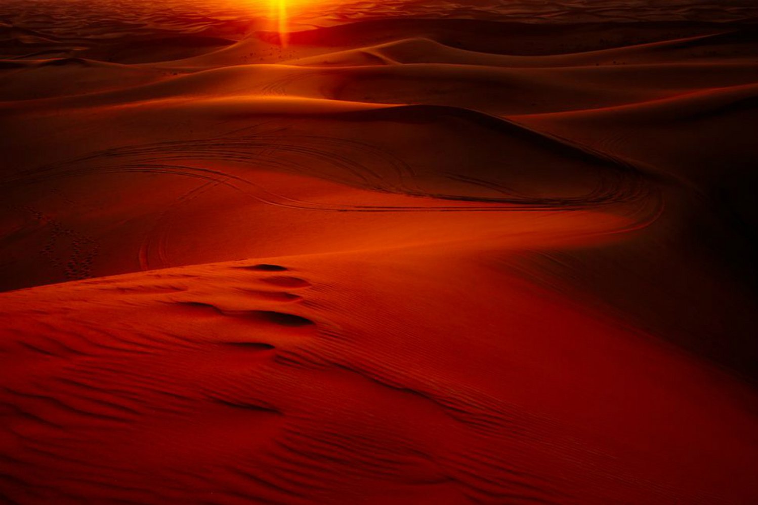 A stunning desert landscape at sunset, showcasing undulating sand dunes bathed in warm, golden light, highlighting the beauty of nature's arid terrain.