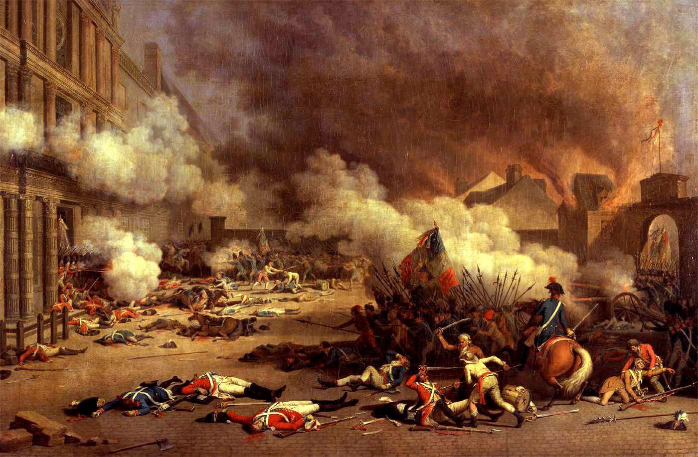A chaotic battlefield scene during the French Revolution, showing soldiers engaged in intense military combat amid smoke and destruction.