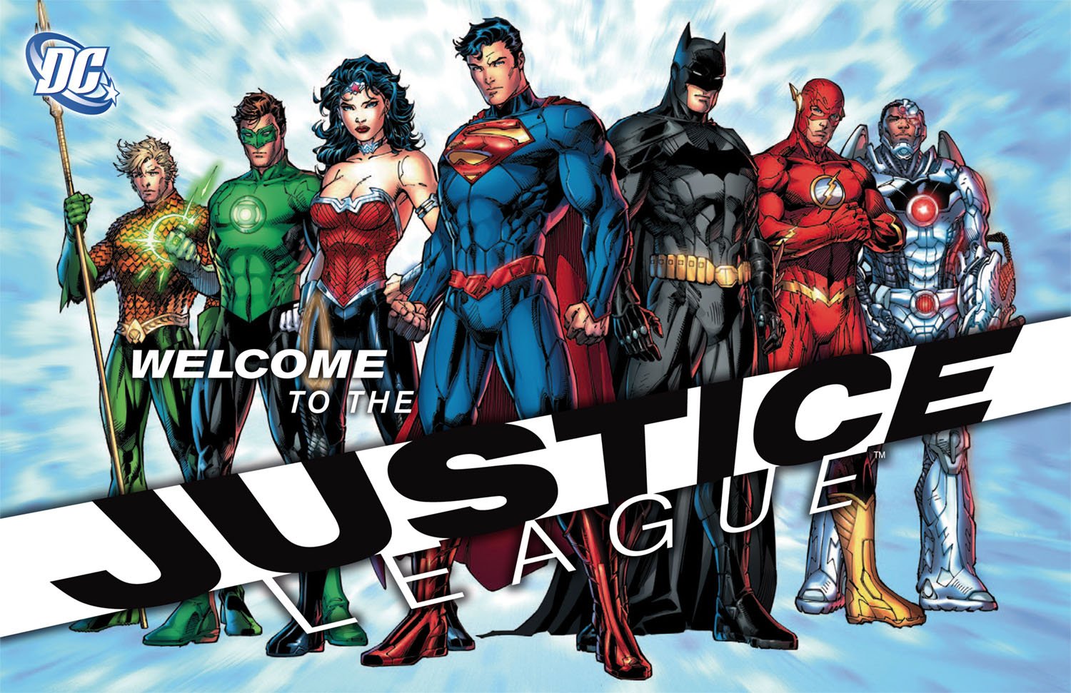 A vibrant grouping of DC Comics superheroes, featuring Flash, Batman, Superman, Wonder Woman, Green Lantern, Aquaman, and Cyborg, with a bold Welcome to the Justice League banner.