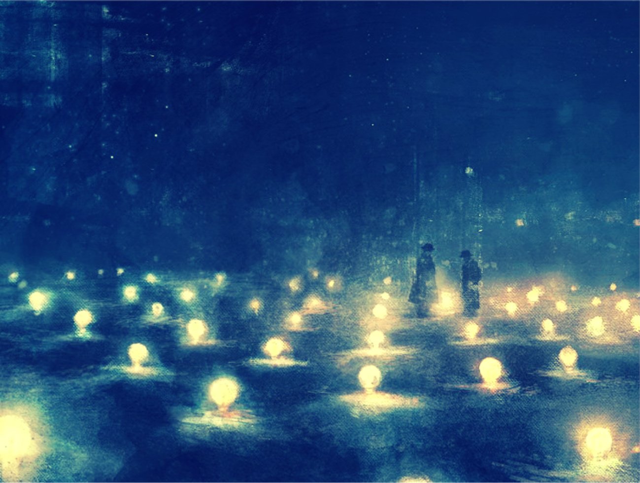 A fantasy scene featuring two people standing amidst numerous glowing orbs scattered across a dark, misty landscape.