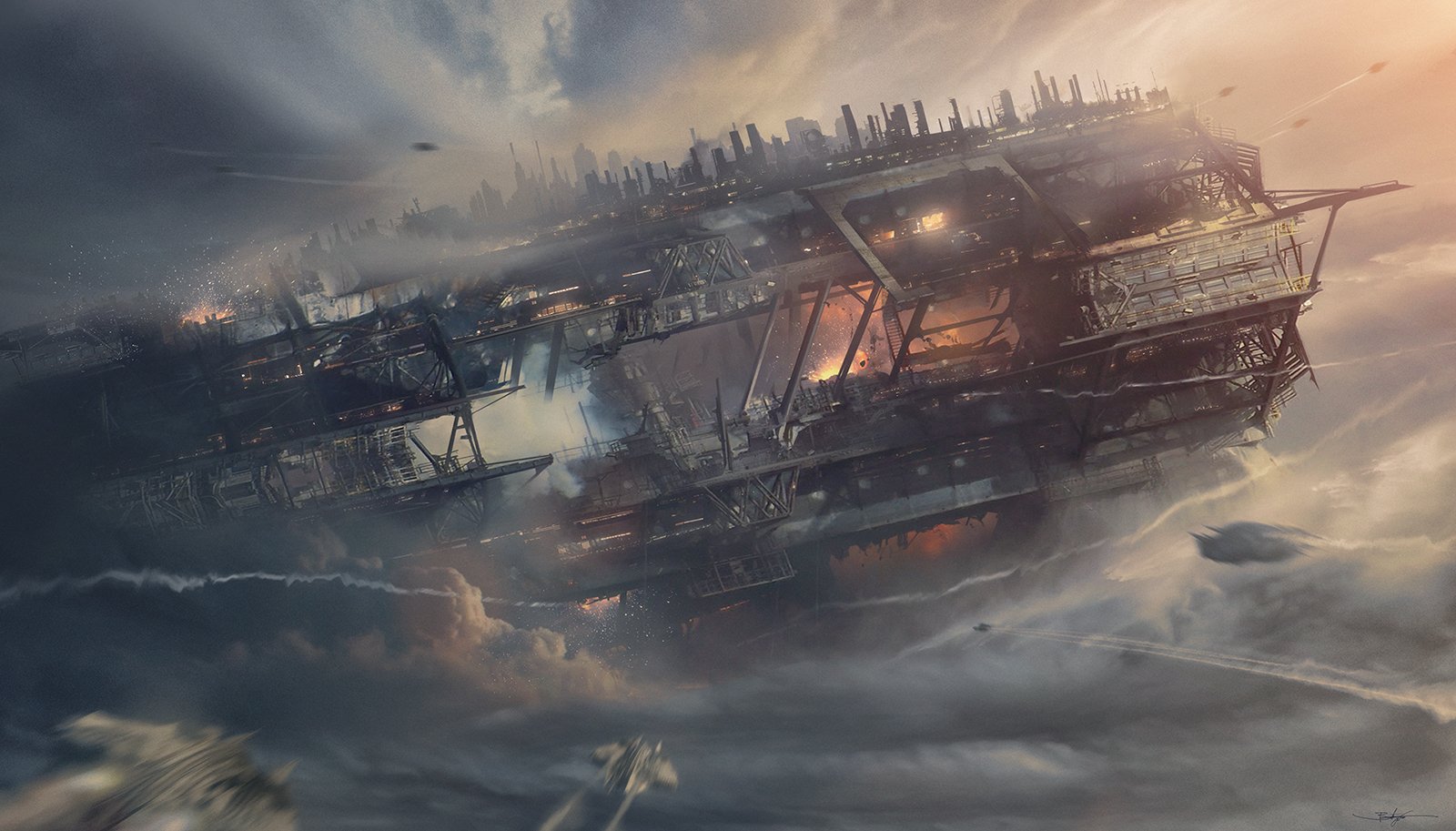 A colossal sci-fi spaceship hovers above a cloud-covered cityscape, emitting light and smoke with smaller crafts flying nearby in a dramatic, futuristic scene.