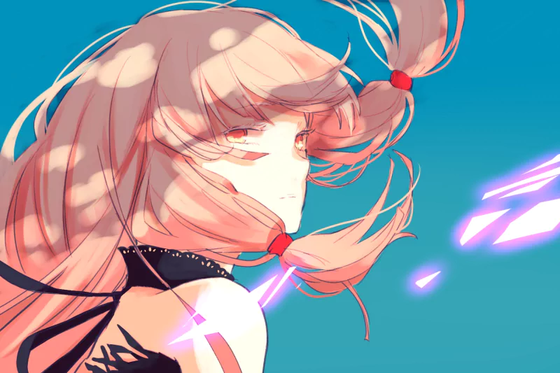 Anime-style illustration from Guilty Crown featuring a girl with flowing pink hair tied in pigtails, a choker, and glowing purple light effects against a blue sky.