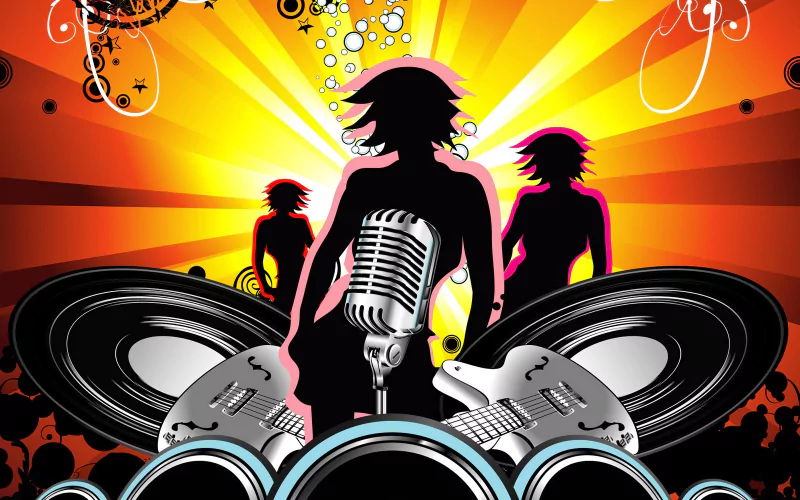 Silhouetted girl singer at center with a vintage microphone, two backing figures, oversized speakers and a radiant sunburst background — bold music poster art.