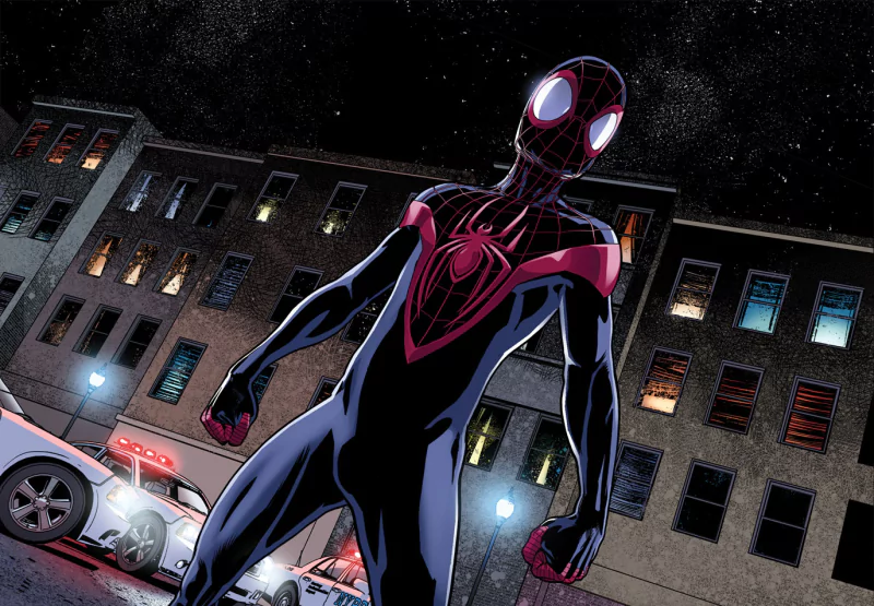 Miles Morales stands confidently in his Spider-Man suit against a nighttime city backdrop, capturing the essence of Ultimate Comics: Spider-Man.