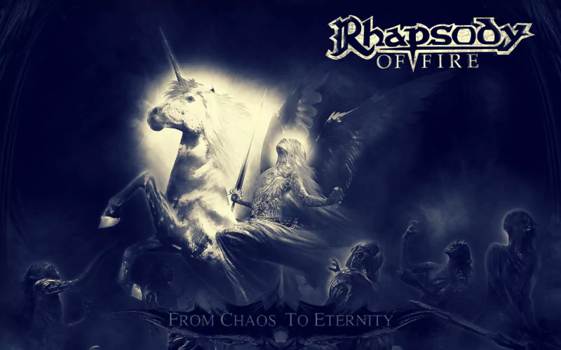 Dark, mystical artwork featuring a knight on a unicorn with glowing light, representing the music album From Chaos To Eternity by Rhapsody Of Fire.