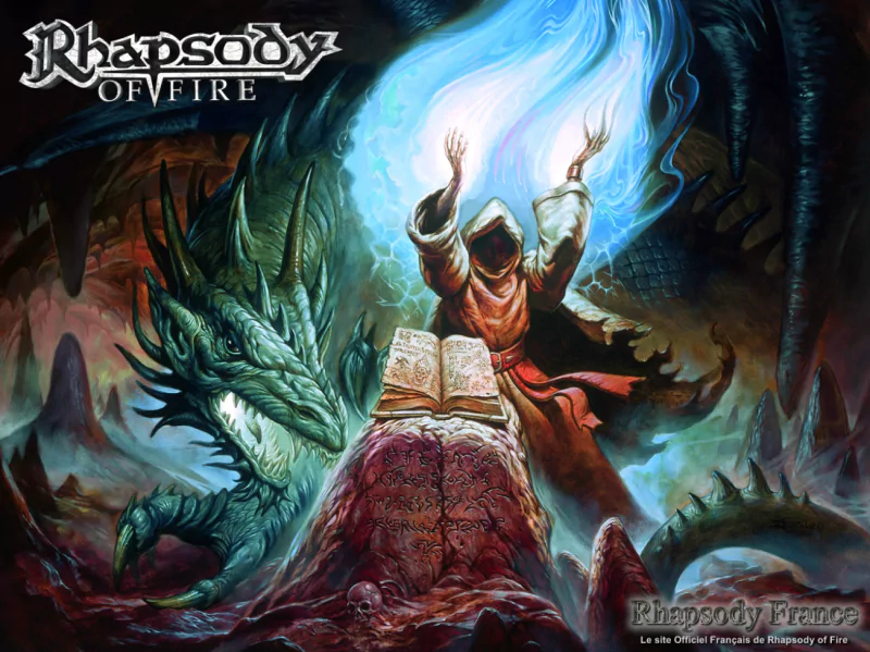 Fantasy-themed artwork for Rhapsody of Fire music, depicting a robed figure conjuring blue flames near an ancient book with a dragon looming behind.