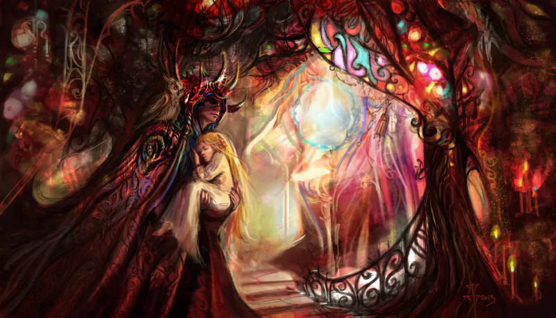 A mystical scene in a fantasy realm, featuring a figure embracing another amidst vibrant, swirling colors and enchanting lights, framed by intricate, dark foliage.