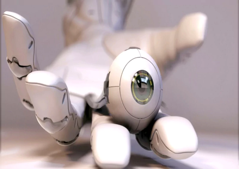 Close-up of a futuristic, sci-fi robot hand with a spherical eye, reflecting the sleek design style associated with Sarif and Deus Ex.