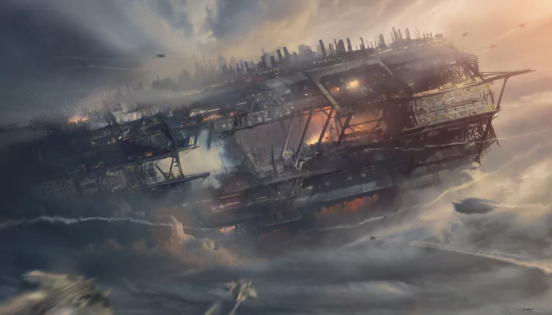 A colossal sci-fi spaceship hovers above a cloud-covered cityscape, emitting light and smoke with smaller crafts flying nearby in a dramatic, futuristic scene.
