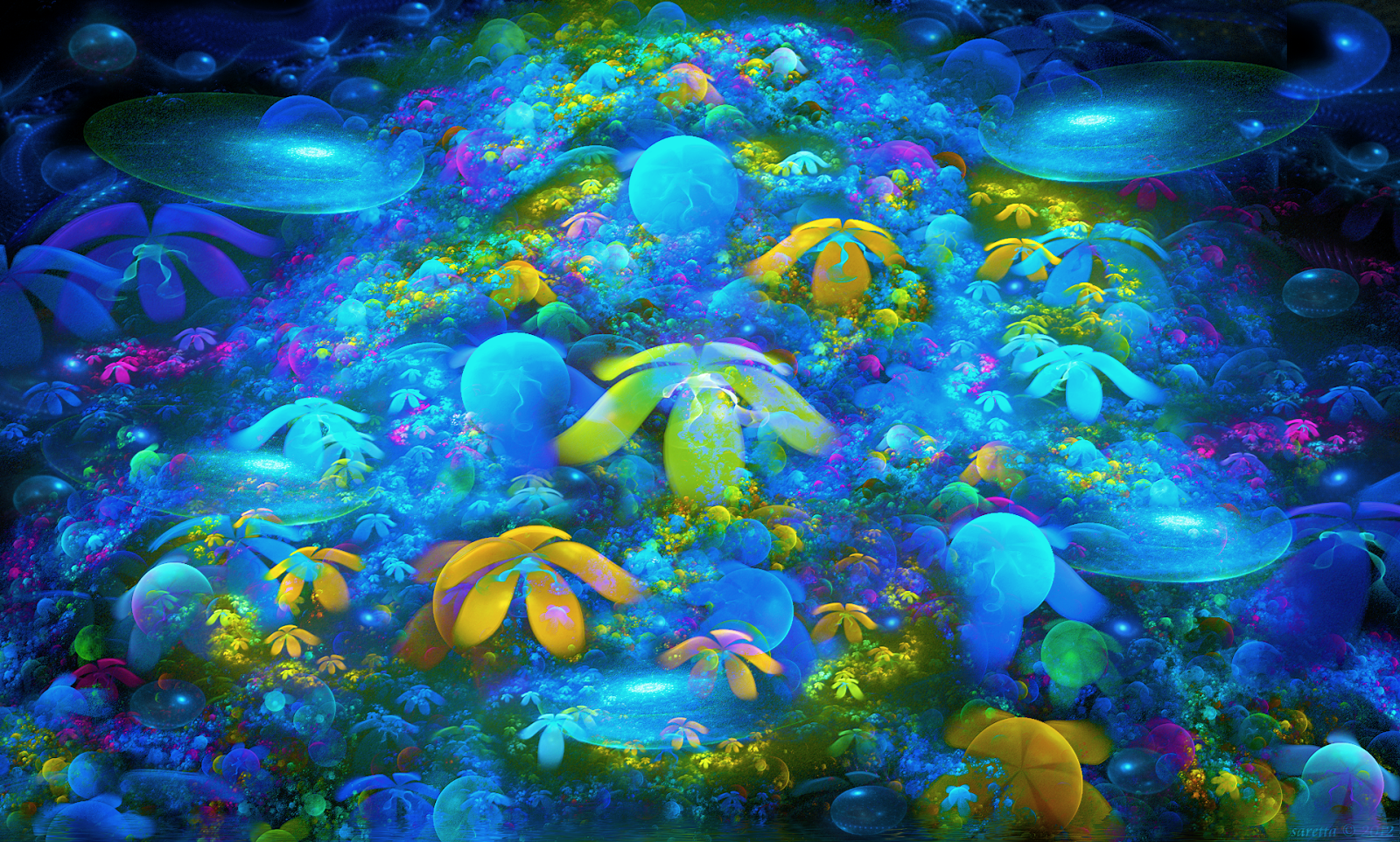 Abstract digital artwork resembling a vibrant coral reef with glowing blue, yellow, and pink elements creating an underwater fantasy scene.