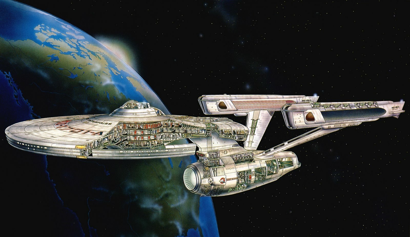 A detailed schematic of a starship from the Star Trek universe, showcasing its distinctive design and features against the backdrop of Earth.