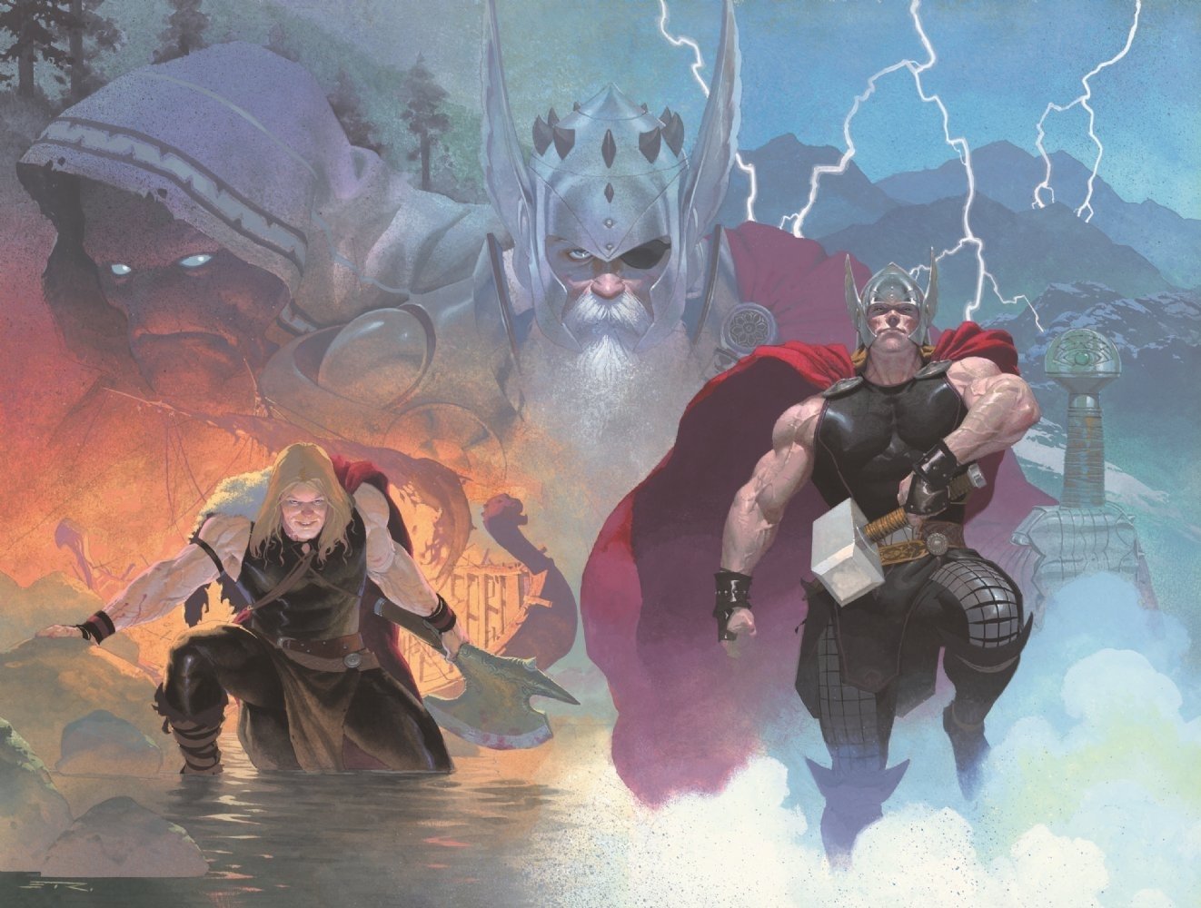 Illustration from Thor: God of Thunder comic, featuring Thor and other characters amidst lightning and a colossal armored figure in the background.